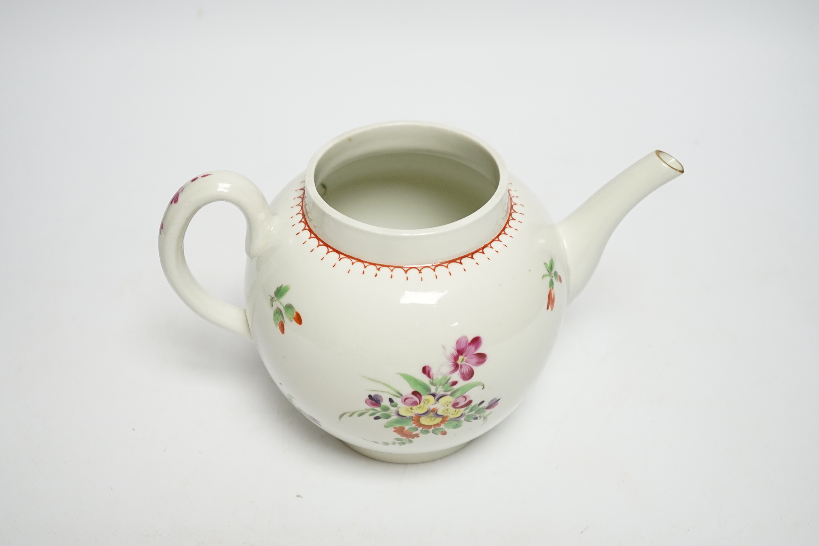 A Worcester globular teapot c. 1780, hand painted with flowers, 21cm wide